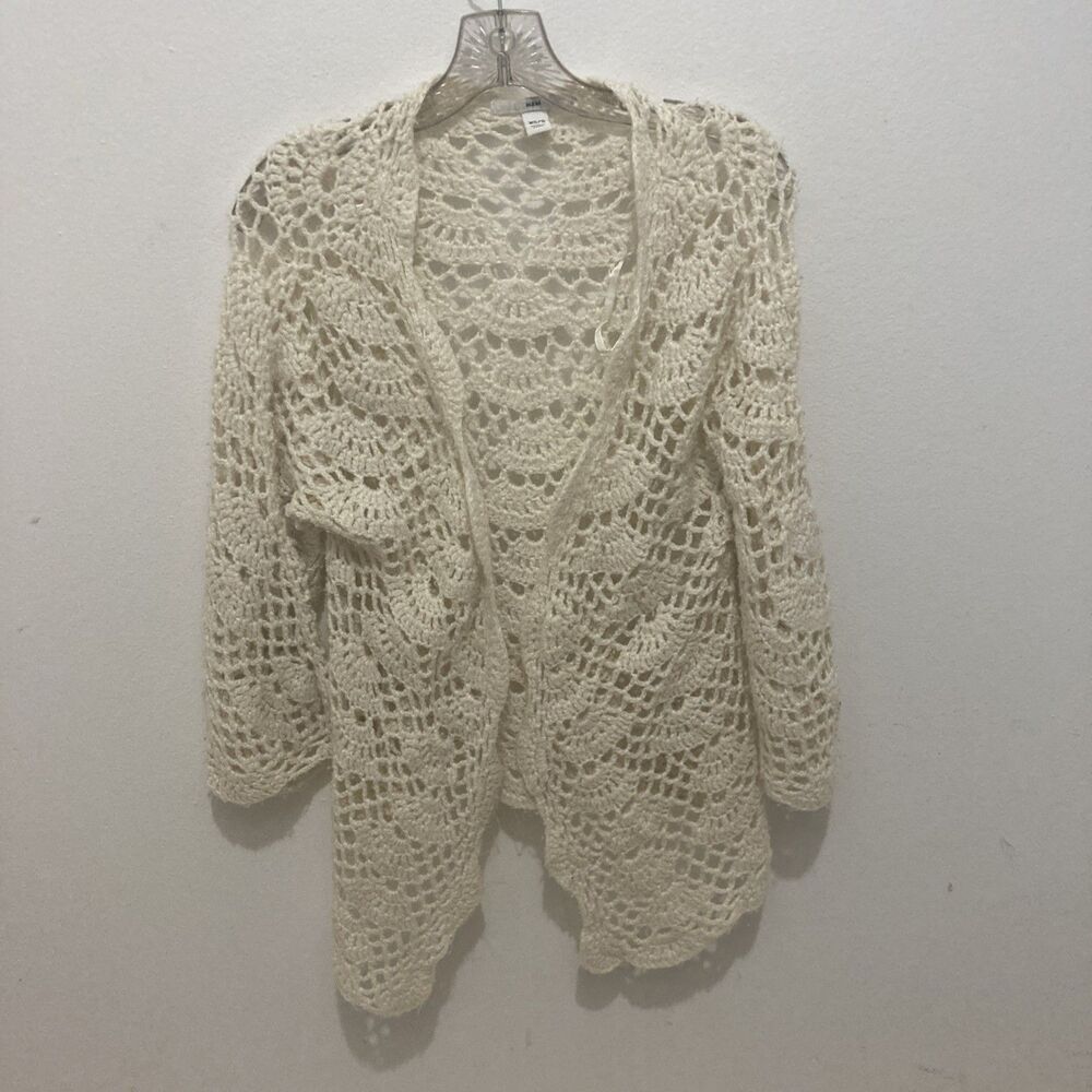 HM off white open front hand crochet flared sleeve hi-low cardigan sweater XS/S